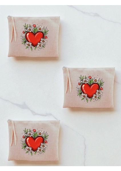 Kalp ve Çiçek Baskılı 3'lü Makyaj Çantası 20X25 cm - Kadın Doğum Günü Hediyesi Kadın Hediye Ürün