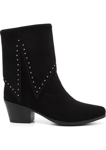 Kadın Siyah Süet Sivri Burun Kalın Topuklu Kovboy Çizme