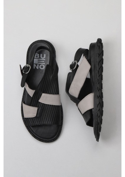 Siyah Gri Deri Kadın Düz Sandalet 01WY5401 01WY5401