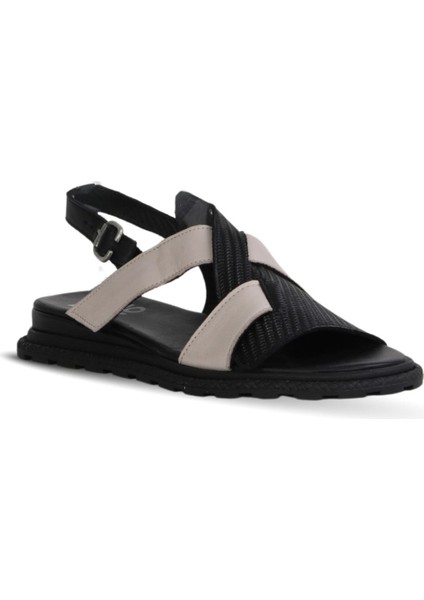 Siyah Gri Deri Kadın Düz Sandalet 01WY5401 01WY5401 modelleri