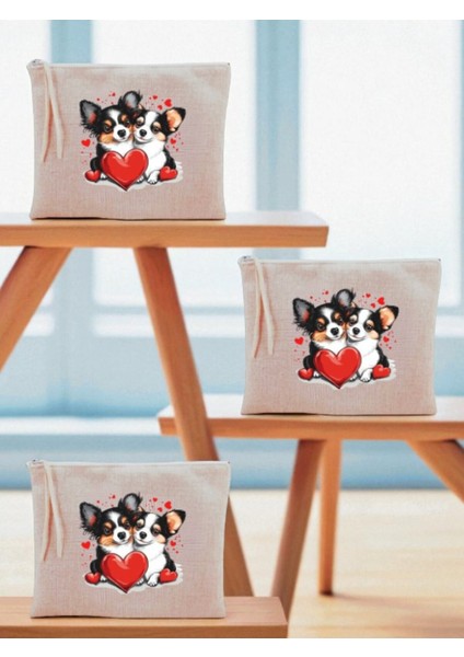 Kalp ve Köpek Baskılı 3'lü Makyaj Çantası 20X25 cm - Kadın Doğum Günü Hediyesi Kadın Hediye Ürün