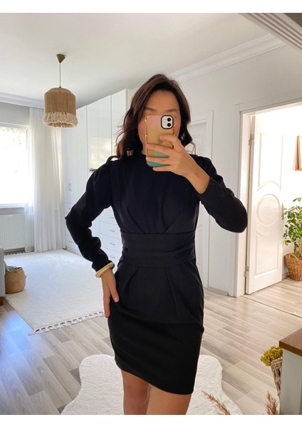 Kadın Uzun Kollu Bisiklet Yaka Bel Kemer Detay Ithal Krep Elbise