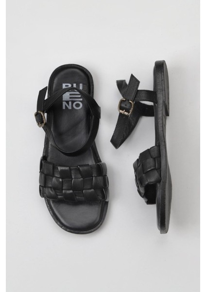 Siyah Deri Kadın Düz Sandalet 01WY2024 01WY2024