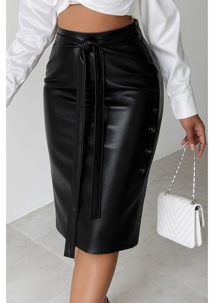 Kadın Yüksek Bel Kuşaklı Yanlardan Düğmeli Mini Deri Etek fırsatları