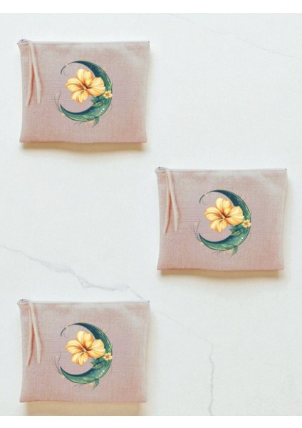 Ay ve Çiçek Baskılı 3'lü Makyaj Çantası 20X25 cm - Kadın Doğum Günü Hediyesi Kadın Hediye Ürün