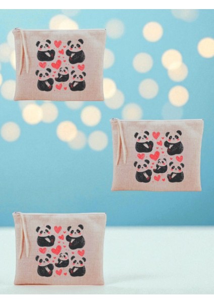 Kalpli Panda Baskılı 3'lü Makyaj Çantası 20X25 cm - Seyahat Makyaj Çantası