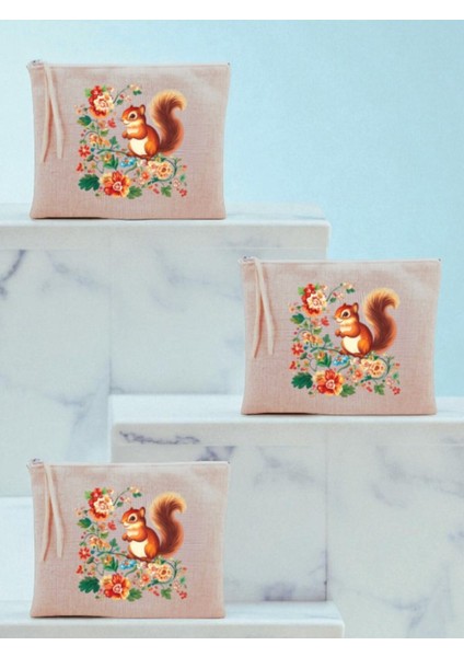 Çiçek ve Sincap Baskılı 3'lü Makyaj Çantası 20X25 cm - Kadın Doğum Günü Hediyesi Kadın Hediye Ürün