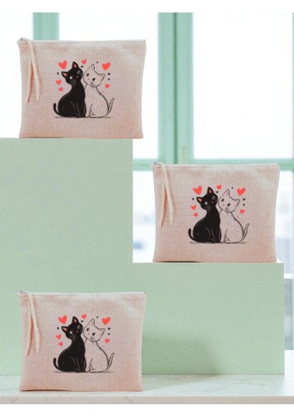 Kalpli Kedi Baskılı 3'lü Makyaj Çantası 20X25 cm - Seyahat Makyaj Çantası