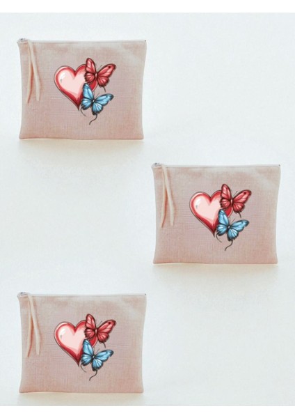 Kalpli Kelebek Baskılı 3'lü Makyaj Çantası 20X25 cm - Seyahat Makyaj Çantası
