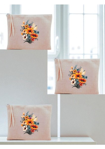Çiçek Buketi Baskılı 3'lü Makyaj Çantası 20X25 cm - Kadın Doğum Günü Hediyesi Kadın Hediye Ürün