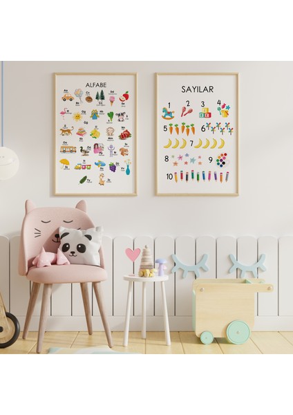 Eğitici Tablolar - Alfabe ve Sayılar - Doğal Ahşap Çerçeveli, Bebek ve Çocuk Odası Tablo Seti