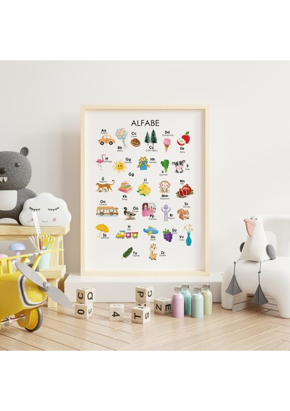 Eğitici Tablolar - Alfabe ve Sayılar - Doğal Ahşap Çerçeveli, Bebek ve Çocuk Odası Tablo Seti fiyatları
