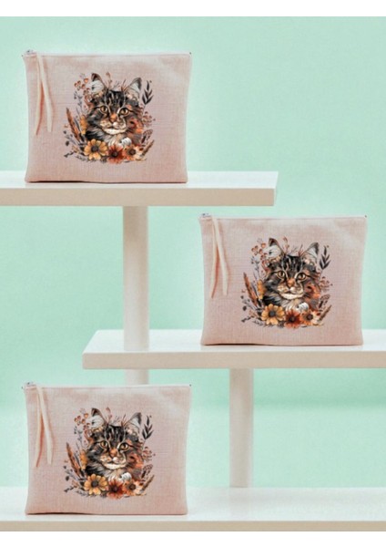 Çiçekli Kedi Baskılı 3'lü Makyaj Çantası 20X25 cm - Kadın Doğum Günü Hediyesi Kadın Hediye Ürün