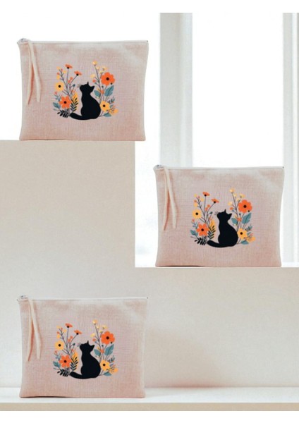 Çiçek ve Kedi Teması Baskılı 3'lü Makyaj Çantası 20X25 cm - Kadın Doğum Günü Hediyesi Kadın Hediye