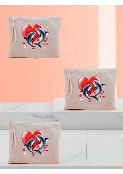 Kalp ve Yunus Baskılı 3'lü Makyaj Çantası 20X25 cm - Kadın Doğum Günü Hediyesi Kadın Hediye Ürün