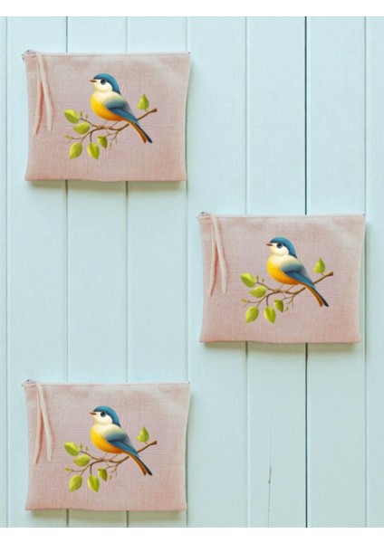 Sevimli Kuş Baskılı 3'lü Makyaj Çantası 20X25 cm - Seyahat Makyaj Çantası