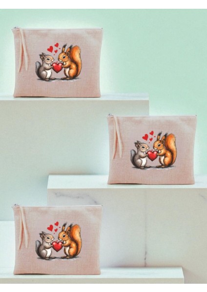 Kalp ve Sincap Baskılı 3'lü Makyaj Çantası 20X25 cm - Kadın Doğum Günü Hediyesi Kadın Hediye Ürün