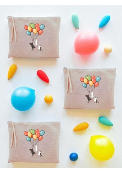 Kedi ve Balon Baskılı 3'lü Makyaj Çantası 20X25 cm - Seyahat Makyaj Çantası