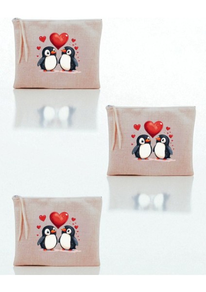Kalp ve Köpek Baskılı 3'lü Makyaj Çantası 20X25 cm - Kadın Doğum Günü Hediyesi Kadın Hediye Ürün