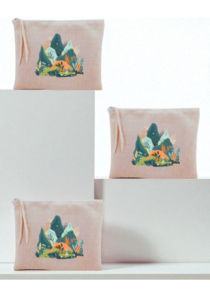 Doğa Baskılı 3'lü Makyaj Çantası 20X25 cm - Kadın Doğum Günü Hediyesi Kadın Hediye Ürün