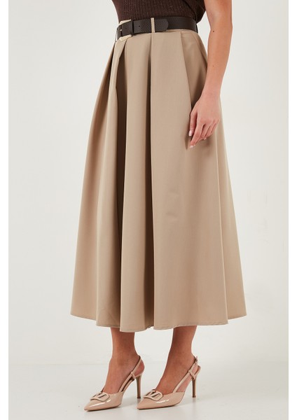 Modest Kemerli Comfort Fit Yüksek Bel Pileli Kloş Uzun Tesettür Etek Bayan Etek 6833360