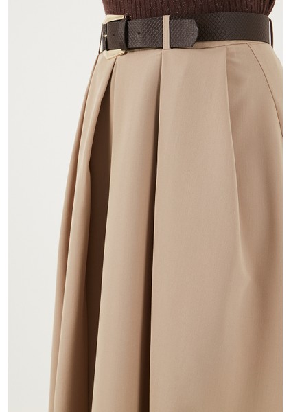Modest Kemerli Comfort Fit Yüksek Bel Pileli Kloş Uzun Tesettür Etek Bayan Etek 6833360