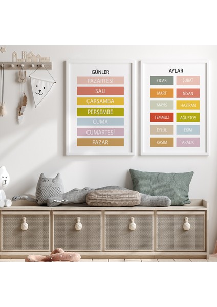 Eğitici Tablolar - Günler ve Aylar - Doğal Ahşap Çerçeveli, Bebek ve Çocuk Odası Tablo Seti