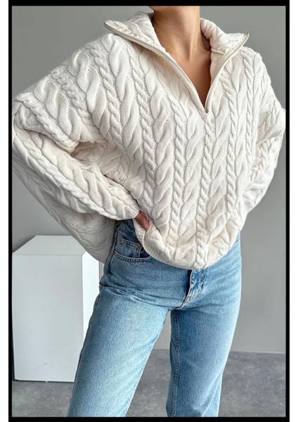 Önü yarım fermuar detaylı, Örgü model kırık beyaz kazak fiyatları