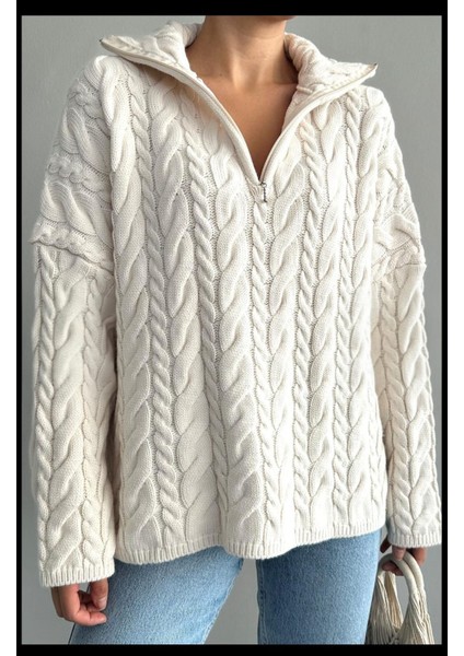 Önü yarım fermuar detaylı, Örgü model kırık beyaz kazak indirimleri