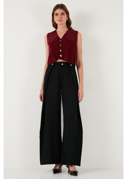 Düğmeli Pile Detaylı Wide Leg Yüksek Bel Geniş Paça Pantolon Bayan Pantolon 68351133