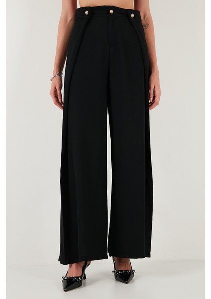 Düğmeli Pile Detaylı Wide Leg Yüksek Bel Geniş Paça Pantolon Bayan Pantolon 68351133 modelleri