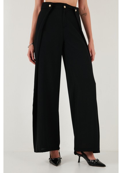 Düğmeli Pile Detaylı Wide Leg Yüksek Bel Geniş Paça Pantolon Bayan Pantolon 68351133 fırsatları