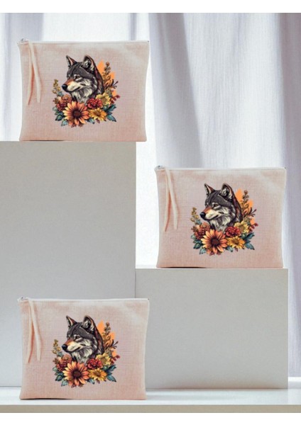 Çiçekli Kurt Baskılı 3'lü Makyaj Çantası 20X25 cm - Kadın Doğum Günü Hediyesi Kadın Hediye Ürün