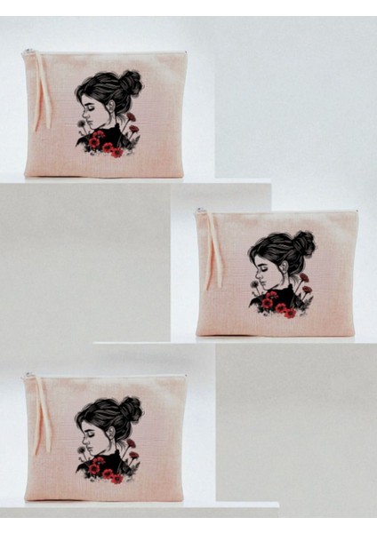Çiçekli Kadın Baskılı 3'lü Makyaj Çantası 20X25 cm - Kadın Doğum Günü Hediyesi Kadın Hediye Ürün