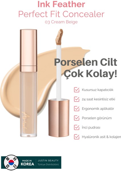 Ink Feather Perfect Fit Concealer 03 Cream Beige - SPF30 Pa++ 24 Saat Kalıcı Çok Yönlü Kapatıcı
