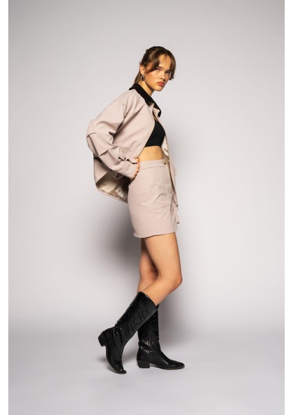Kadın Bej Cepli Gabardin Mini Etek