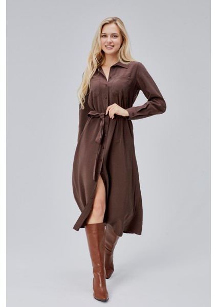 Kahverengi Regular Kemerli Gömlek Elbise