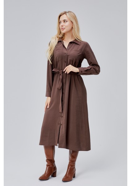 Kahverengi Regular Kemerli Gömlek Elbise fiyatları