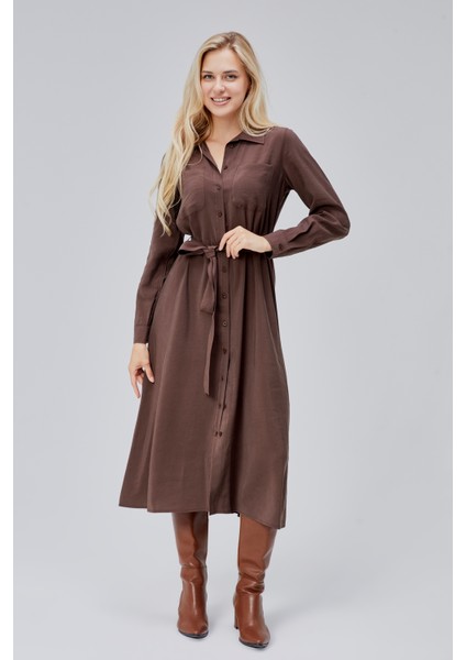 Kahverengi Regular Kemerli Gömlek Elbise modelleri
