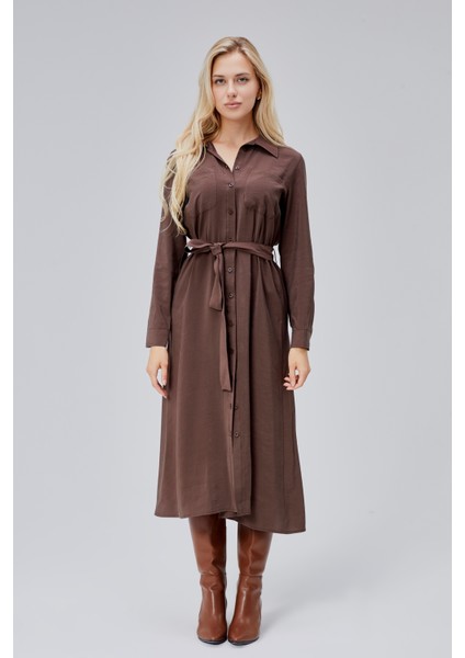 Kahverengi Regular Kemerli Gömlek Elbise fırsatları