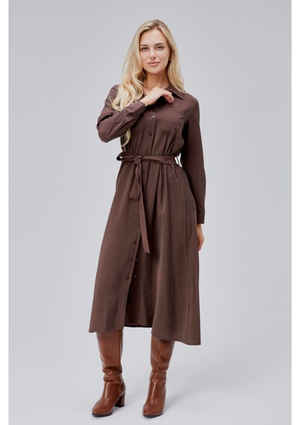 Kahverengi Regular Kemerli Gömlek Elbise indirimleri