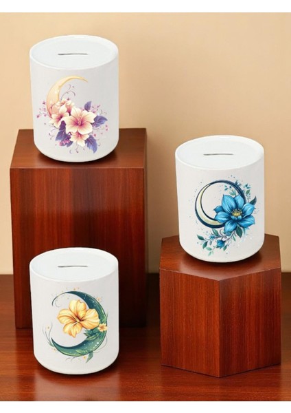 Ay ve Çiçek Baskılı 3'lü Seramik Kumbara