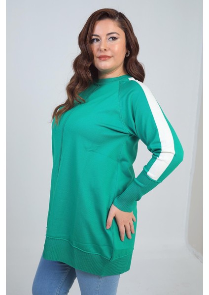 Kadın Kolları Şeritli Büyük Beden Tunik Bluz