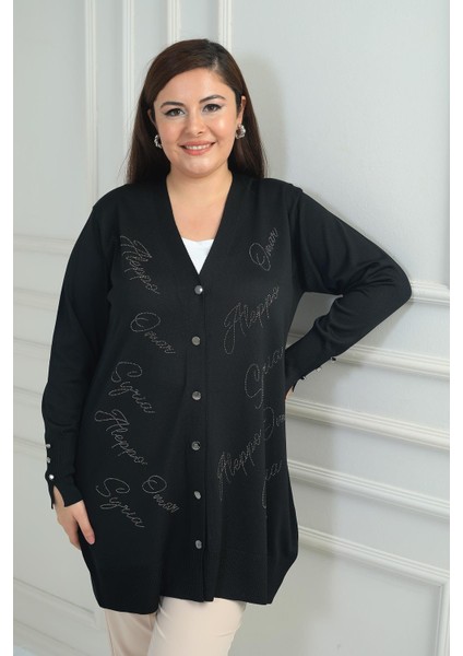 Kadın Kolları Düğme Detaylı Taş Baskı Yazılı Büyük Beden Uzun Hırka
