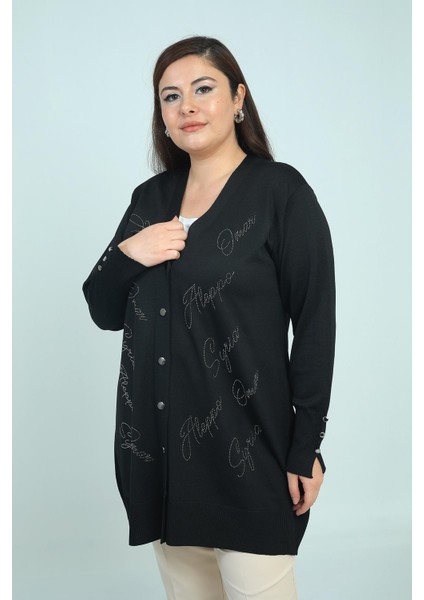 Kadın Kolları Düğme Detaylı Taş Baskı Yazılı Büyük Beden Uzun Hırka modelleri