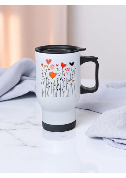 Kalp Temalı Çiçekler Baskılı Kulplu Çelik Bardak Termos 450 ml