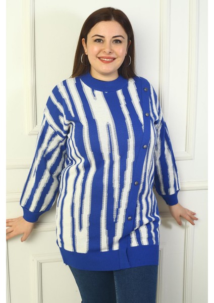Kadın Önü Düğme Detaylı Simli Boyuna Çizgili Büyük Beden Triko Tunik Kazak fiyatları
