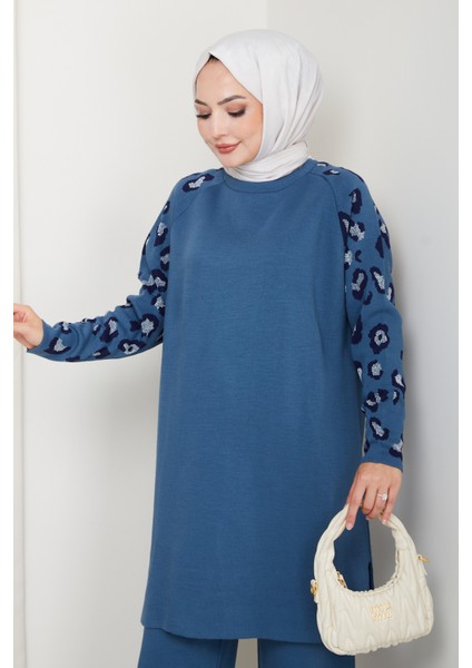 Leopar Simli Kol Desenli Pantolonlu Tunik Takım