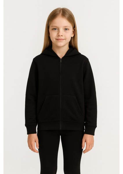 Düz Renk Unisex Kapüşonlu Çocuk Ceket