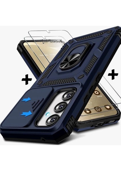 Samsung Galaxy S25 Fe Kılıf Kamera Korumalı Sürgülü Yüzüklü Armor Zırh Tank Kapak + 1 Adet 9h Ekran Koruyucu Cam Set
